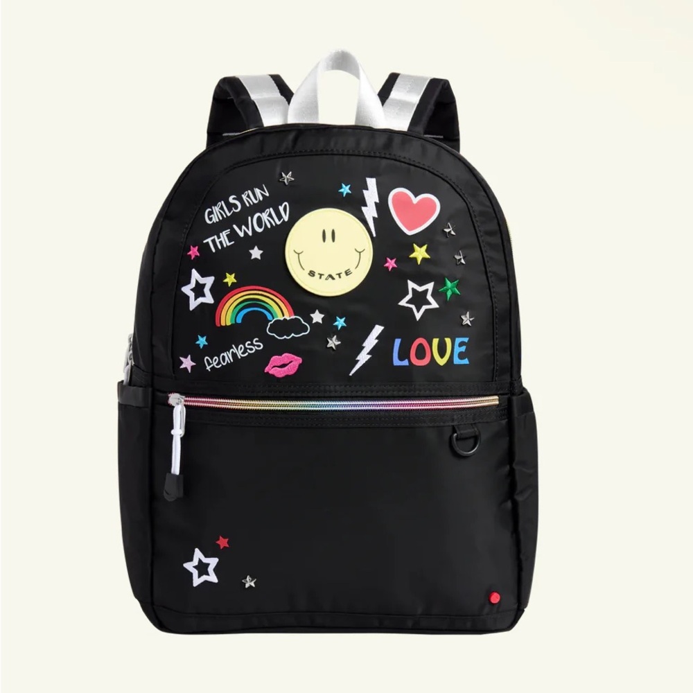 STATE Kids Black Backpack with Colorful Patches